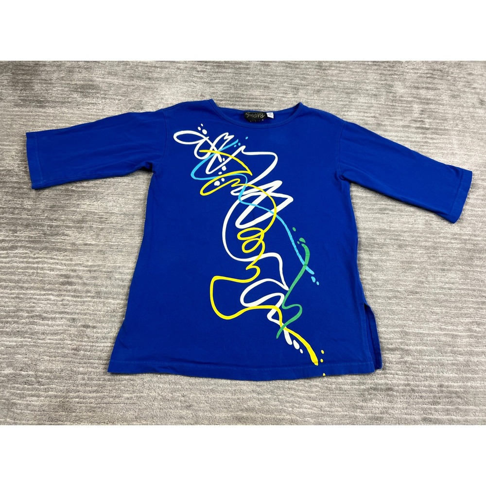 Bob Mackie Top Womens XS Blue Wearable Art Abstract Swirl 3/4 Sleeve Cotton Tee